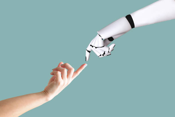 istock Human hand and robot hand system concept Integration and coordination of intellectual technology. 1046921584
