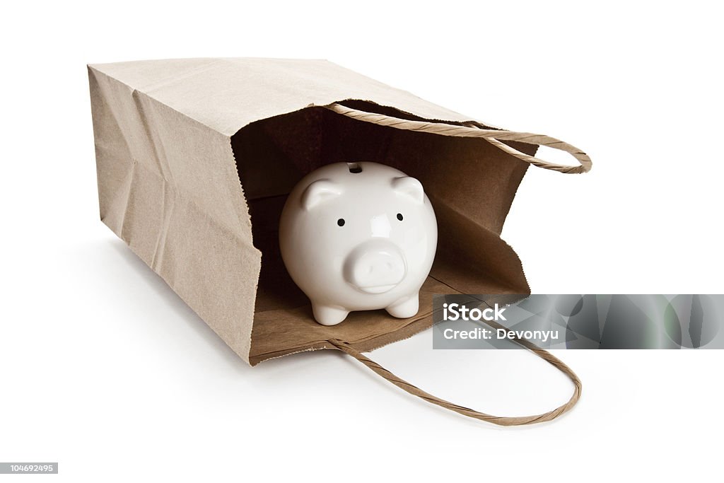 Brown paper shopping bag and Piggy Bank  Bag Stock Photo