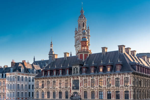 Lille, old facades Lille, old facades in the center, the belfry of the Chambre de Commerce in background bell tower tower photos stock pictures, royalty-free photos & images