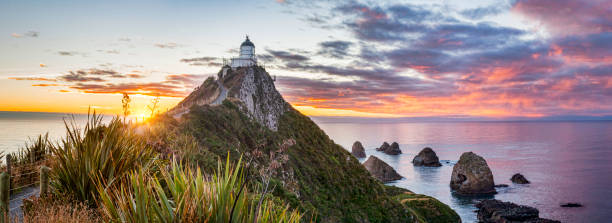 panorama dell'alba a nugget point - the catlins foto e immagini stock