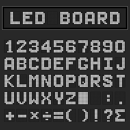 White LED digital english uppercase font, number and mathematics symbol display on black background