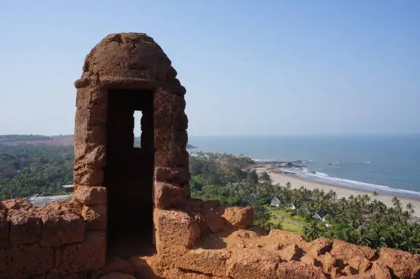 View from an ancient fortress on a hill on the Indian Ocean coast, India, Goa.