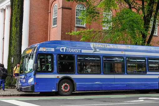 New Haven Connecticut, USA September 28, 2018 A hybrid electric bus on the Green