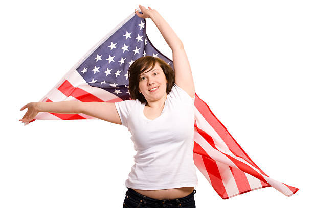 istock young attractive female wave american flag, isolated 104694244