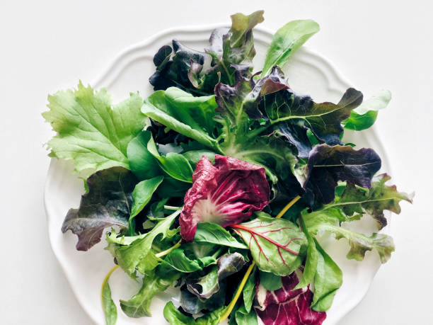 Salad leaves Mixed fresh salad leaves on a white background, top view spring mix lettuce leaves stock pictures, royalty-free photos & images