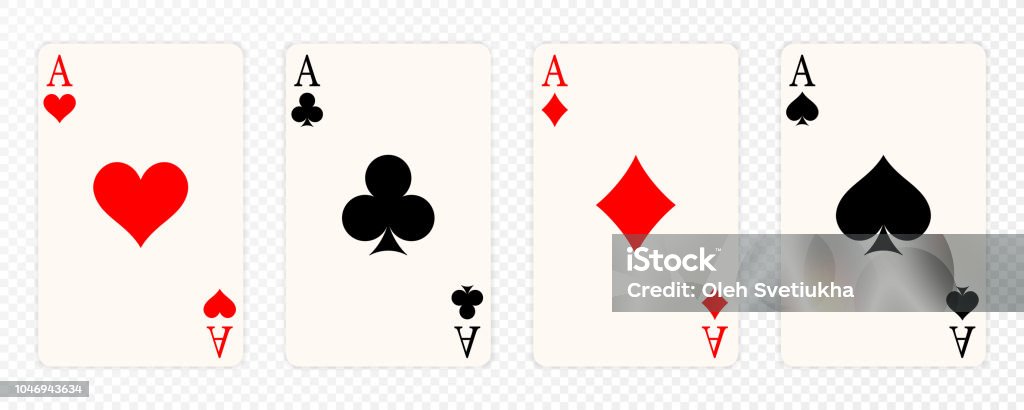 Juegos de juego de cuatro ases cartas. Ganar la mano de poker. Conjunto de as de corazones, picas, palos y diamantes - arte vectorial de Carta - Naipe libre de derechos