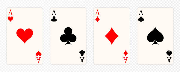 illustrations, cliparts, dessins animés et icônes de jeu de cartes quatre as convient parfaitement. gagner la main de poker. ensemble de cœurs, les piques, les clubs et les diamants ace - cards