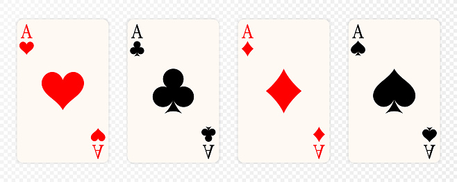 Set of four aces playing cards suits. Winning poker hand. Set of hearts, spades, clubs and diamonds ace.