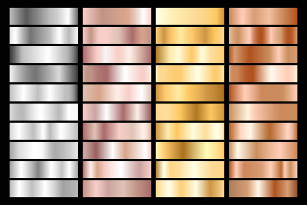 Collection of silver, chrome, gold, rose gold and bronze metallic gradient. Vector illustration Collection of silver, chrome, gold, rose gold and bronze metallic gradient. Vector illustration. metallic red chrome pattern stock illustrations
