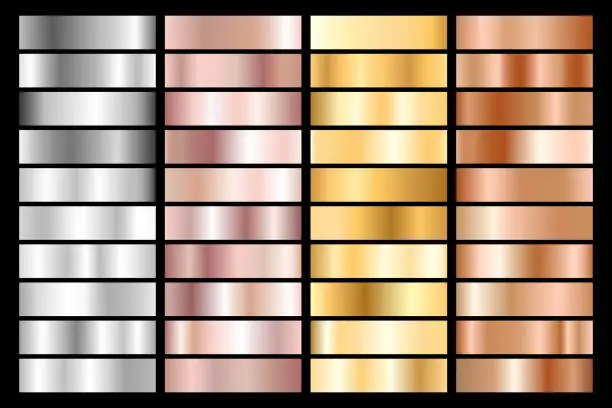 Vector illustration of Collection of silver, chrome, gold, rose gold and bronze metallic gradient. Vector illustration