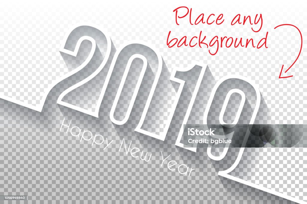Happy new year 2019 Design - Blank Backgroung Happy new year 2019 with space for your text and your background. Creative greeting card with a flat design style and long shadows. Blank background for easy change background or texture. The layers are named to facilitate your customization. Vector Illustration (EPS10, well layered and grouped). Easy to edit, manipulate, resize or colorize. Please do not hesitate to contact me if you have any questions, or need to customise the illustration. http://www.istockphoto.com/portfolio/bgblue New Year's Eve stock vector