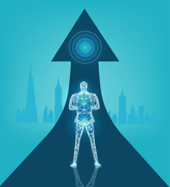istock The man of the future. Future reality, artificial intelligence concept illustration. Neon man made of lights and abstract neon connections. 1046954250