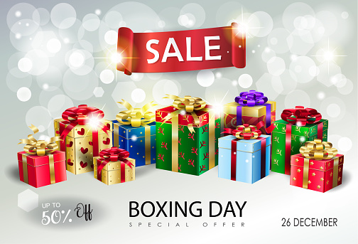 Sale banner, Boxing Day sign. Gift Box and Presents on bokeh lights background backgroud. Vector illustration. Beautiful Realistic Colorful Gift box with gold ribbon bow, for Valentine's Day, Mother's Day, Christmas and New Year Present, Birthday, Anniversary, surprise, Sale, banner, Greeting card - Holiday festive decoration.