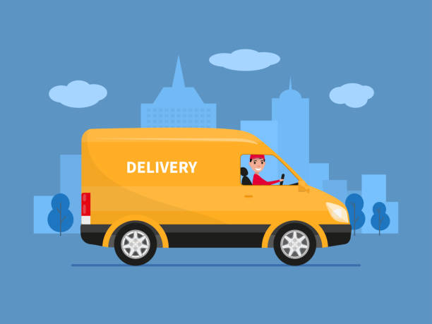 ilustrações de stock, clip art, desenhos animados e ícones de vector cartoon delivery van with deliveryman - transportation freight transportation messenger delivering