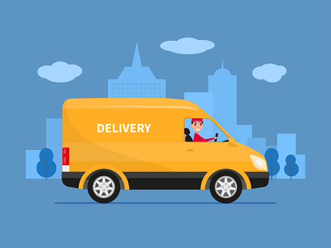 Vector illustration of cartoon delivery van with deliveryman. Yellow truck delivery against the background of the city. Courier delivery sitting in the car. Cargo auto. Flat style.
