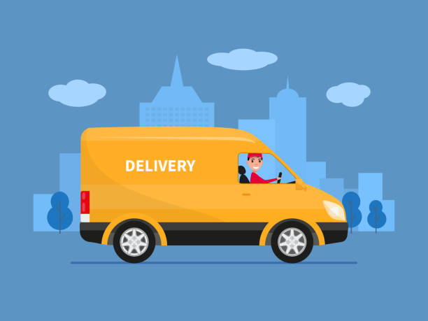 Vector cartoon delivery van with deliveryman Vector illustration of cartoon delivery van with deliveryman. Yellow truck delivery against the background of the city. Courier delivery sitting in the car. Cargo auto. Flat style. delivering illustrations stock illustrations