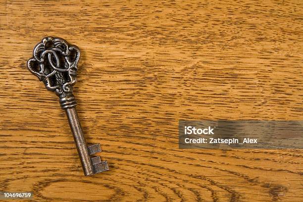 Old Key Over Wood Background Stock Photo - Download Image Now - Black Color, Brown, Color Image