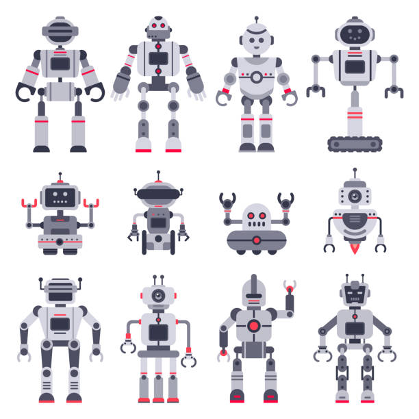 Flat robots. Electronic robot toys, cute chat bot mascot and robotic toy characters vector illustration set Flat robots. Electronic robot toys, cute chat bot mascot and robotic toy smart transformer android, hi tech cyborg characters. Modern artificial intelligence vector isolated icons illustration set robot-head stock illustrations
