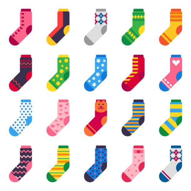 Flat socks. Long sock for child feet, elastic colorful fabric and striped warm kids ankle clothes vector icons set Flat socks. Long sock for child feet, elastic colorful fabric and striped Xmas warm kids ankle or sport feet cotton or wool comfort clothes vector isolated icons set sock stock illustrations