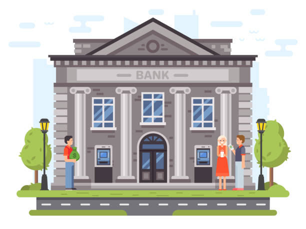 ilustrações, clipart, desenhos animados e ícones de operações bancárias. fachada de edifício de banco com colunas. pessoas carregam dinheiro aos bancos, usam o atm e enviar remessas vector a ilustração - federal building currency dollar sign commercial activity