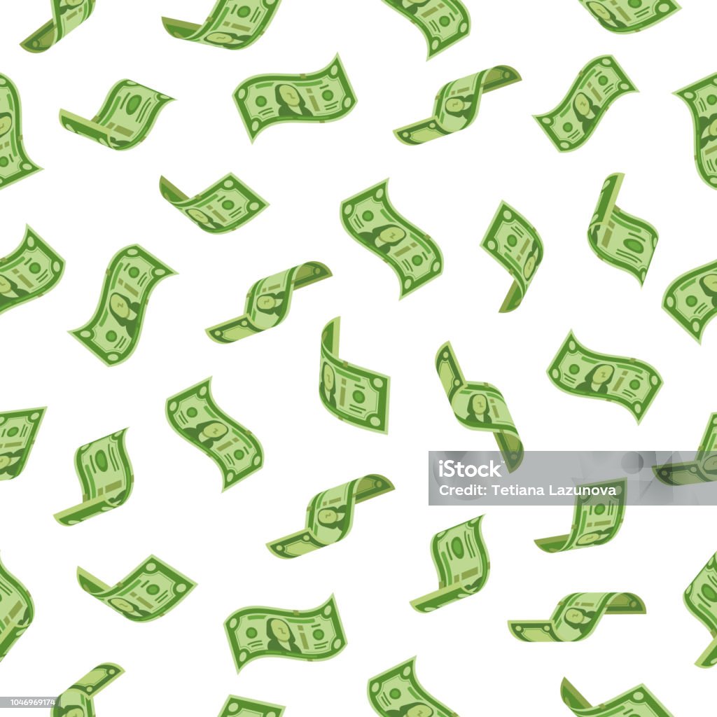 Money rain. Falling dollars denominations, raining cash banknotes or flying dollar banknote. Wealth abundance seamless vector backdrop Money rain. Falling dollars denominations, raining cash banknotes or flying dollar banknote charitable investment. Wealth abundance, bill economy or banking taxes seamless vector backdrop Currency stock vector