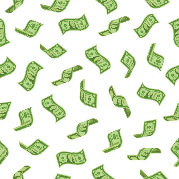 Vector illustration of Money rain. Falling dollars denominations, raining cash banknotes or flying dollar banknote. Wealth abundance seamless vector backdrop