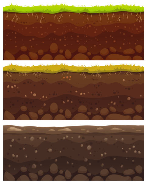 ilustrações de stock, clip art, desenhos animados e ícones de seamless soil layers. layered dirt clay, ground layer with stones and grass on dirts cliff texture vector pattern - solo ilustrações