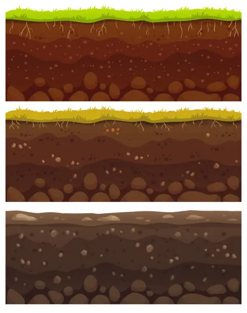 Vector illustration of Seamless soil layers. Layered dirt clay, ground layer with stones and grass on dirts cliff texture vector pattern