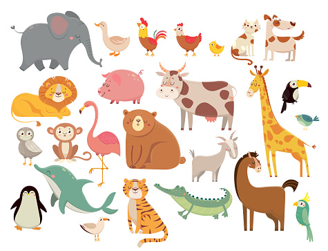 Cartoon animals. Cute elephant and lion, giraffe and crocodile, cow and chicken, dog and cat animal. Farm and savanna wild forest and marine or zoo animals vector isolated icons set