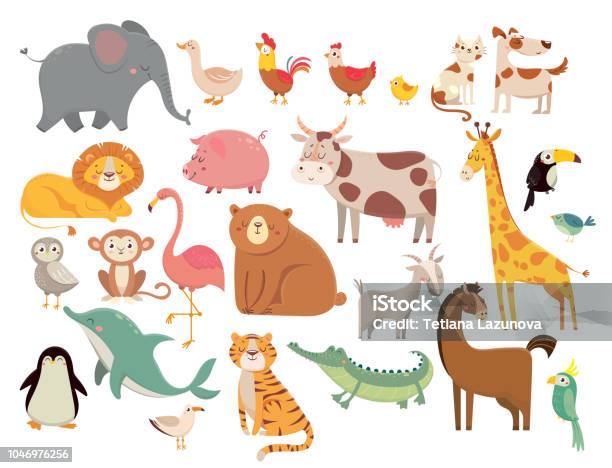 Cartoon Animals Cute Elephant And Lion Giraffe And Crocodile Cow And Chicken Dog And Cat Farm And Savanna Animals Vector Set Stock Illustration - Download Image Now
