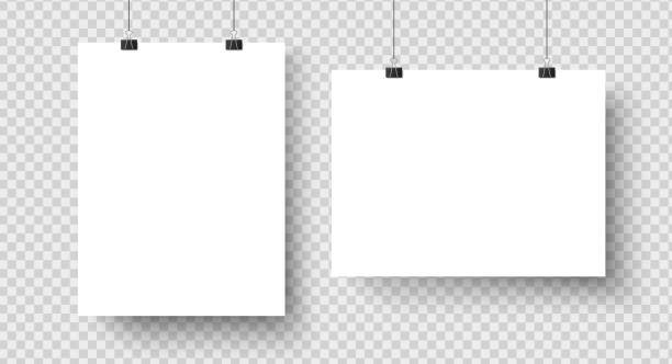 White blank posters hanging on binders. A4 paper page, sheet on wall. Vector mockup White blank posters hanging on binders. A4 paper page, sheet canvas on wall for exhibition poster template. Vector photo exhibit realistic isolated icons mockup set exhibition illustrations stock illustrations