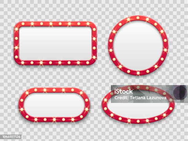 Marquee Light Frames Vintage Round And Rectangular Cinema And Casino Empty Red Signs With Bulbs Vector Isolated Set Stock Illustration - Download Image Now