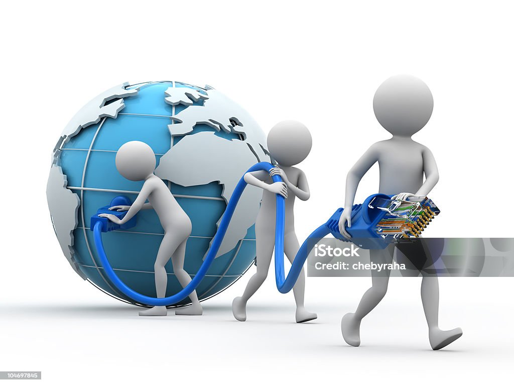 Team of workers carry a cable from globe Network cable, globe and group people on white background. Abstract Stock Photo