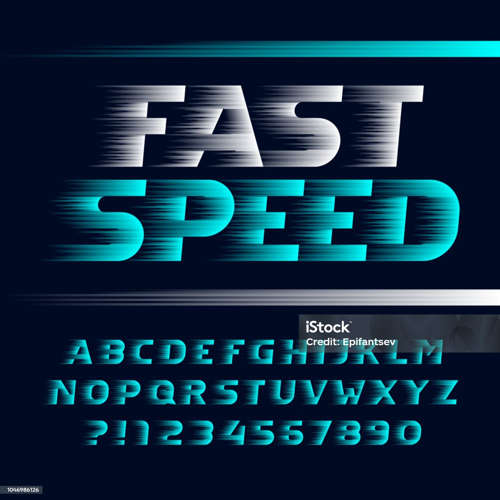 Carattere alfabeto Fast Speed. Effetto vento lettere, simboli e numeri corsivo. - arte vettoriale royalty-free di Velocità