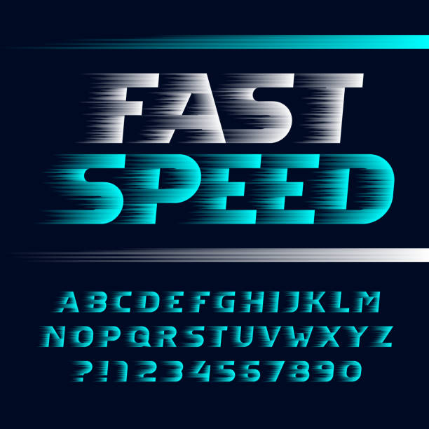 illustrazioni stock, clip art, cartoni animati e icone di tendenza di carattere alfabeto fast speed. effetto vento lettere, simboli e numeri corsivo. - rapid