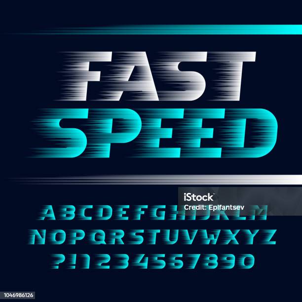 Carattere Alfabeto Fast Speed Effetto Vento Lettere Simboli E Numeri Corsivo - Immagini vettoriali stock e altre immagini di Velocità
