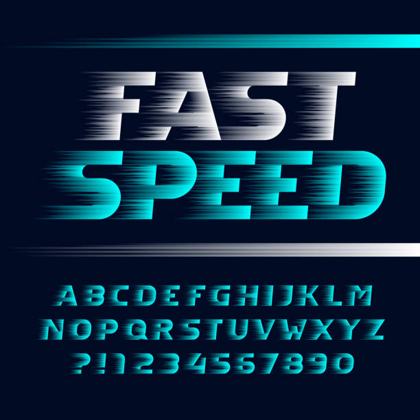 ilustrações de stock, clip art, desenhos animados e ícones de fast speed alphabet font. wind effect italic letters, symbols and numbers. - urgência