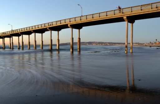 People walking on sandy Ocean Beach by pier at sunset, California coast, USA. Unrecognizable defocused family silhouettes in bright sun light, vacations on shorein sunshine. Sunlit sea water waves.