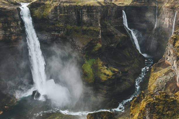 istock aerial view of icelandic landscape with dramatic Haifoss waterfall 1046995664