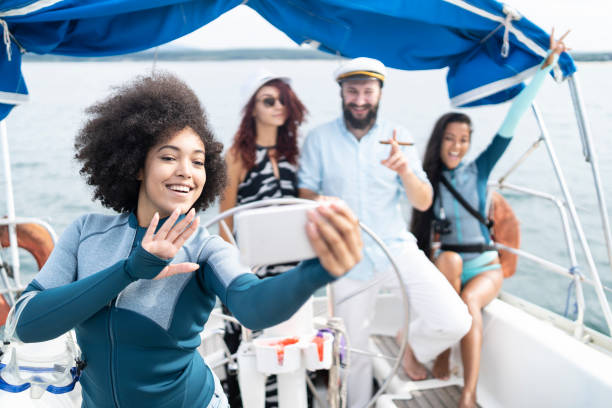 istock Scuba divers taking selfie on on yacht 1046998192