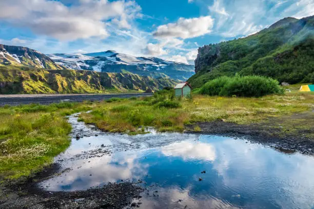 Photo of The top of the Eyjafjallajokull glacier and volcano  from Thorsmork in the Highlands of Iceland at southern end of the famous Laugavegur hiking trail.