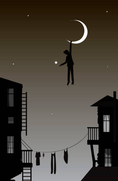 illustrazioni stock, clip art, cartoni animati e icone di tendenza di ragazzo appeso la luna, sognatore in città, scena fiabesca in città, - cleaning silhouette people residential district