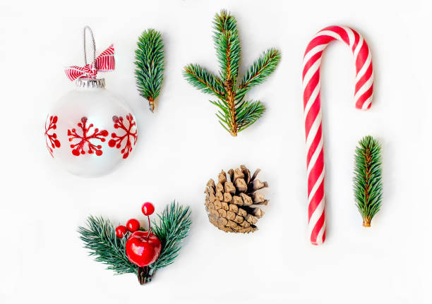 istock Christmas decorations collection  with fir  tree branches and toys for mock up template design.  Top view 1047010018