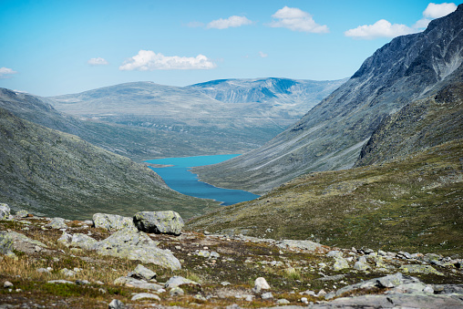 majestic landscape with Besseggen ridge over Gjende lake in Jotunheimen National Park, Norway