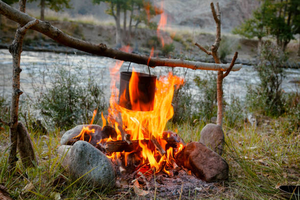 istock Cooking camp food in cauldron on open fire 1047013834