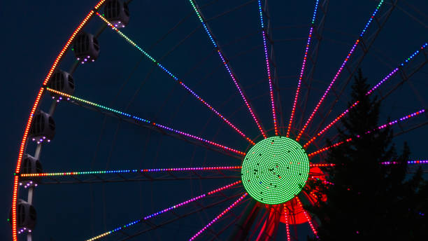 ruota panoramica colorata su sfondo blu scuro e con un albero nella parte anteriore - ferris wheel wheel night neon light foto e immagini stock