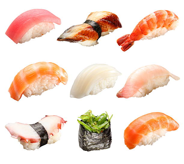 el sushi japonés aislado en blanco - nigiri fotografías e imágenes de stock