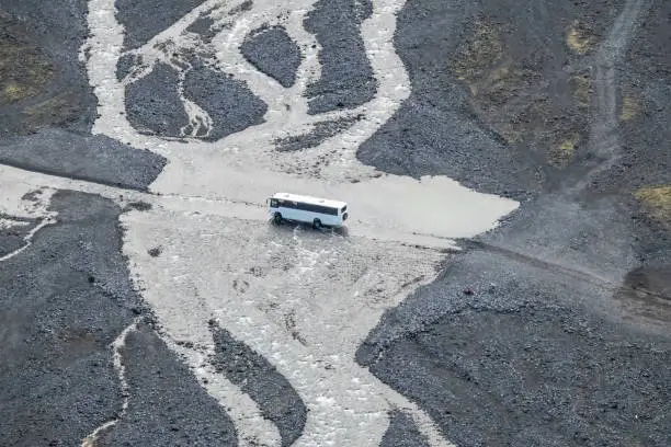 Photo of Difficult cossing of glacial rivers near Thorsmork valley in the Highlands of Iceland at southern end of the famous Laugavegur hiking trail.