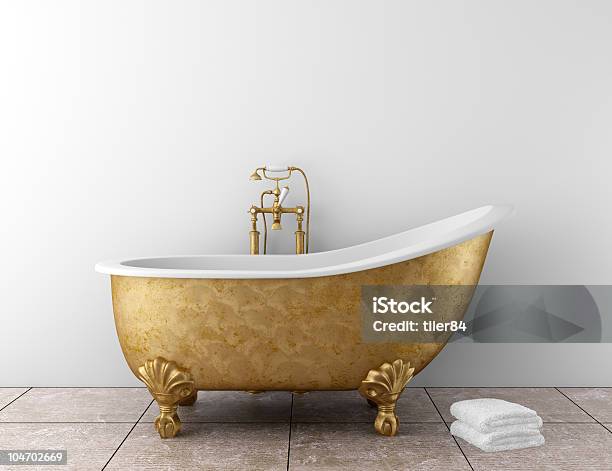 Classic Bathroom With Old Bathtub And White Wall Stock Photo - Download Image Now - Bathtub, Copper, Retro Style