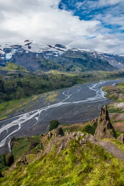 The dramatically beautiful and surreal landscapes of Throsmork in the Highlands of Iceland at southern end of the famous Laugavegur hiking trail.